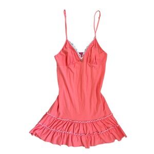 Betsey Johnson‎ Coral Pink Babydoll ruffle skirt lace trim mini slip dress y2k L